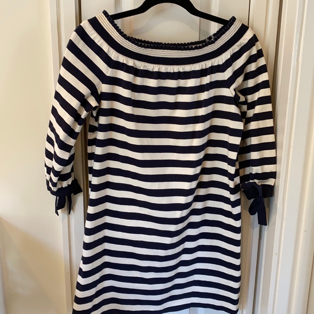 J. Crew off the shoulder Navy/Cream striped dress